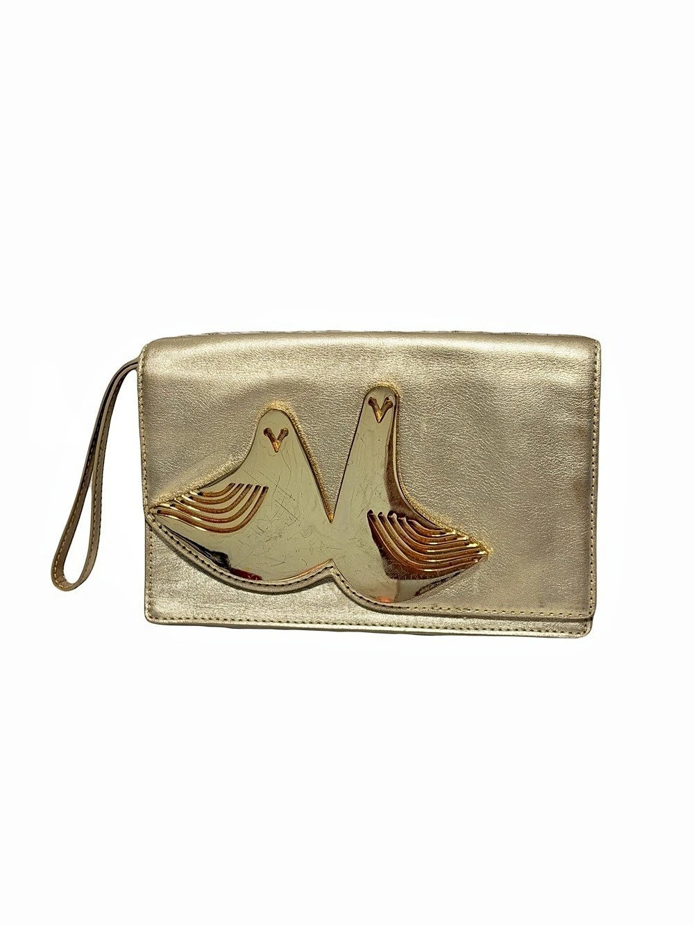 Jonathan Adler gold leather linen clutch wristlet with metal birds Fall Winter